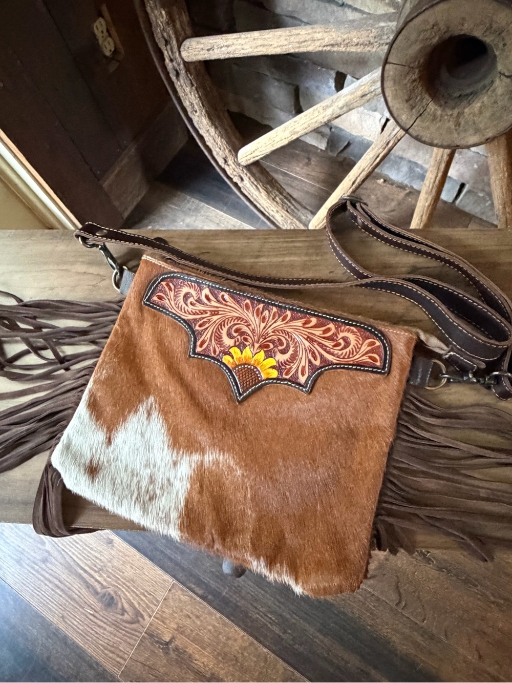 Myra Brown Cowhide Crossbody Bag with Floral Accent